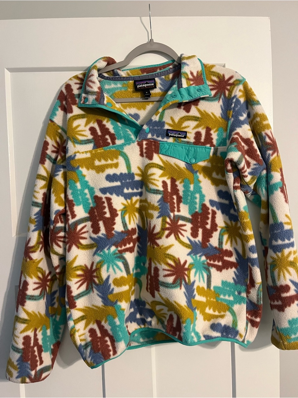 Patagonia Synchilla Fleece Pullover in Teal, Mustard & Rust Palm Print